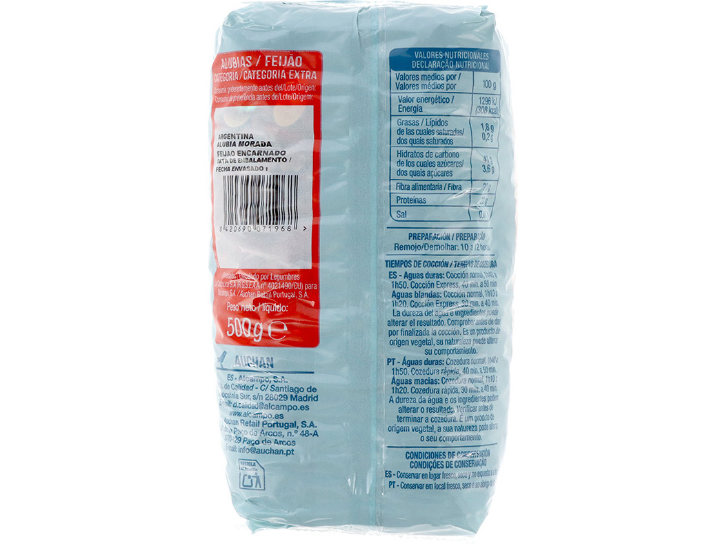 FEIJÃO AUCHAN ENCARNADO SECO 500G