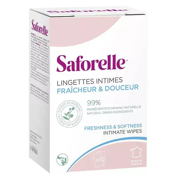 Lenços umedecidos íntimos biodegradáveis individuais Saforelle Care & Hygiene, 10 sachês.