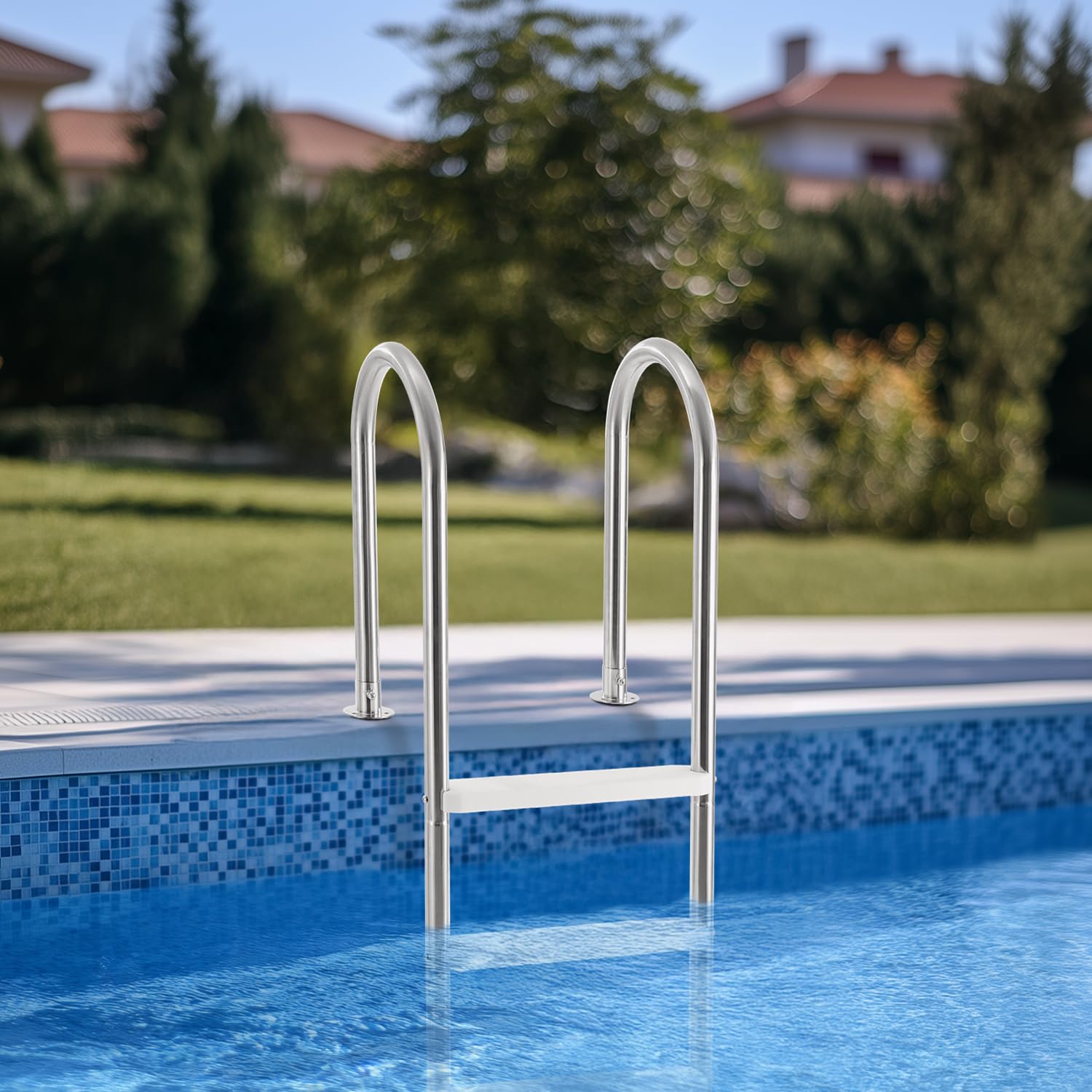 VEVOR Schwimmbadleiter, 4-stufige Treppe mit Doppelhandlauf, Pool Einstieg aus Edelstahl, 120 kg Tragfähigkeit, für 137 cm Einbaupools mit montiertem Deckbrett im Innen- und Außenbereich
