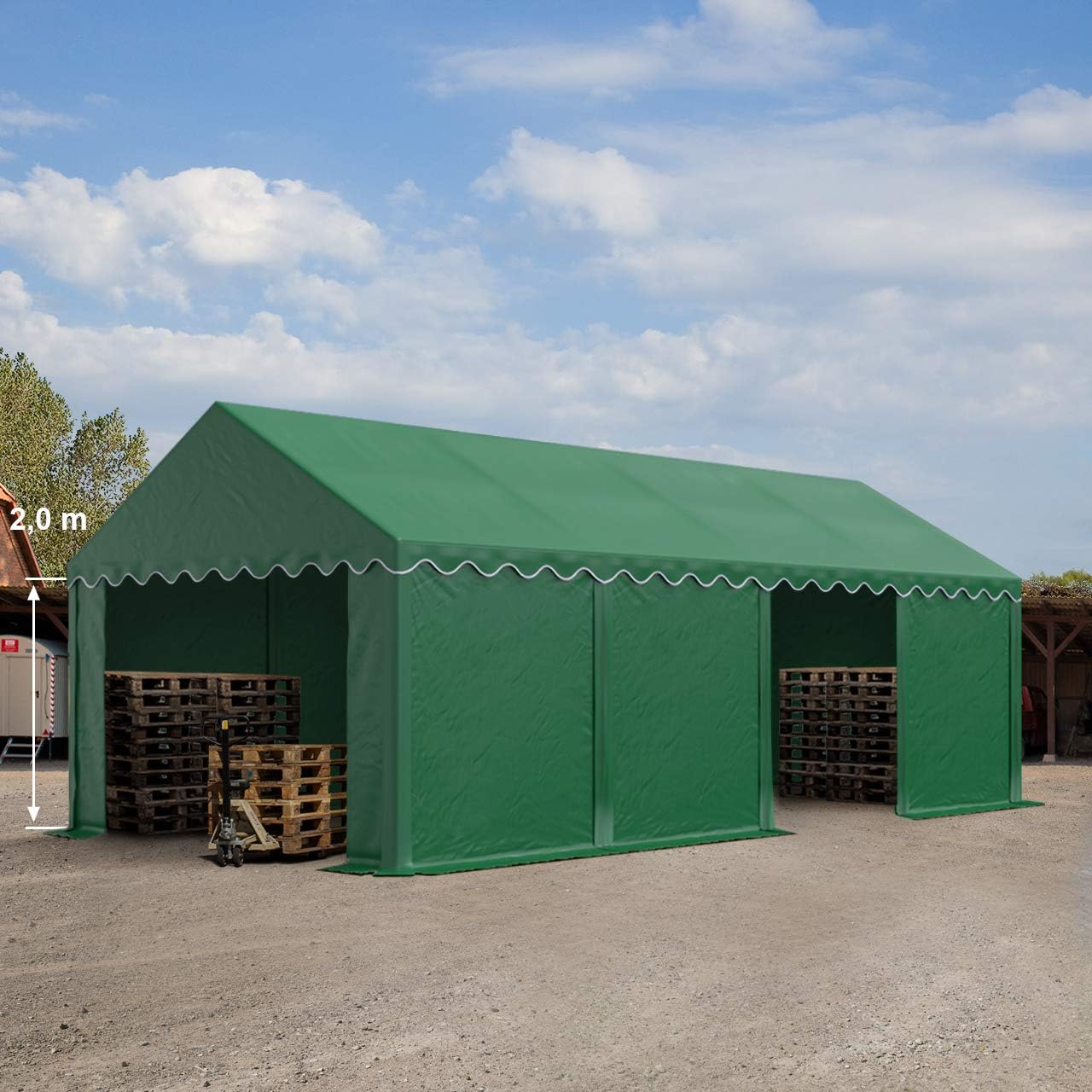 TOOLPORT Lagerzelt 4x8 m Industriezelt Unterstand PVC Plane 750 N dunkelgrün mit Bodenrahmen und Dachverstärkung