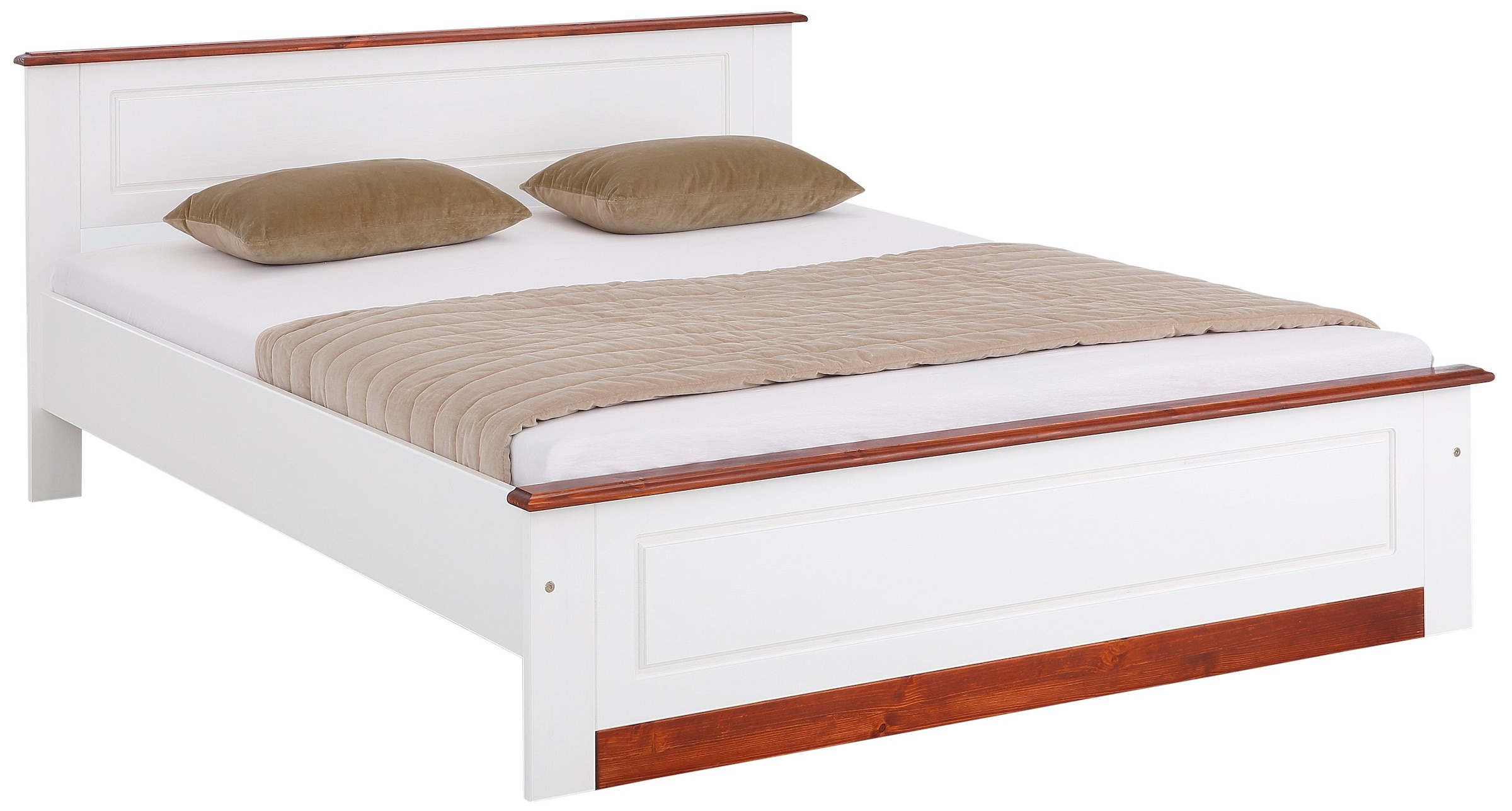 Home affaire Massivholzbett »Madrid, Landhausstil, hohe Belastbarkeit!« Breite/Belastbarkeit 180cm/220 KG, 160cm/200 KG, 90cm/=120 KG,  aus FSC®-zertifizierter Kiefer, INKLUSIVE Rollrost, Kassettenoptik