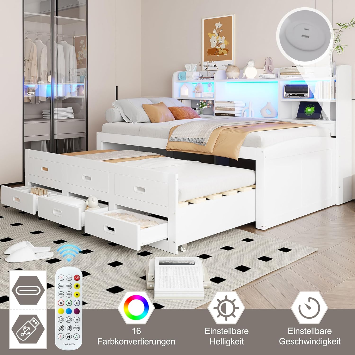 Tagesbett Schlafsofa 140x200 cm,Holz Multifunktionsbett mit USB-Steckdose, LED-Licht,Regal und 3 schubladen,Ausziehbares Schlafsofa,Doppelbett,Massivholzbett,Ohne matratze,Weiß (140×200cm)