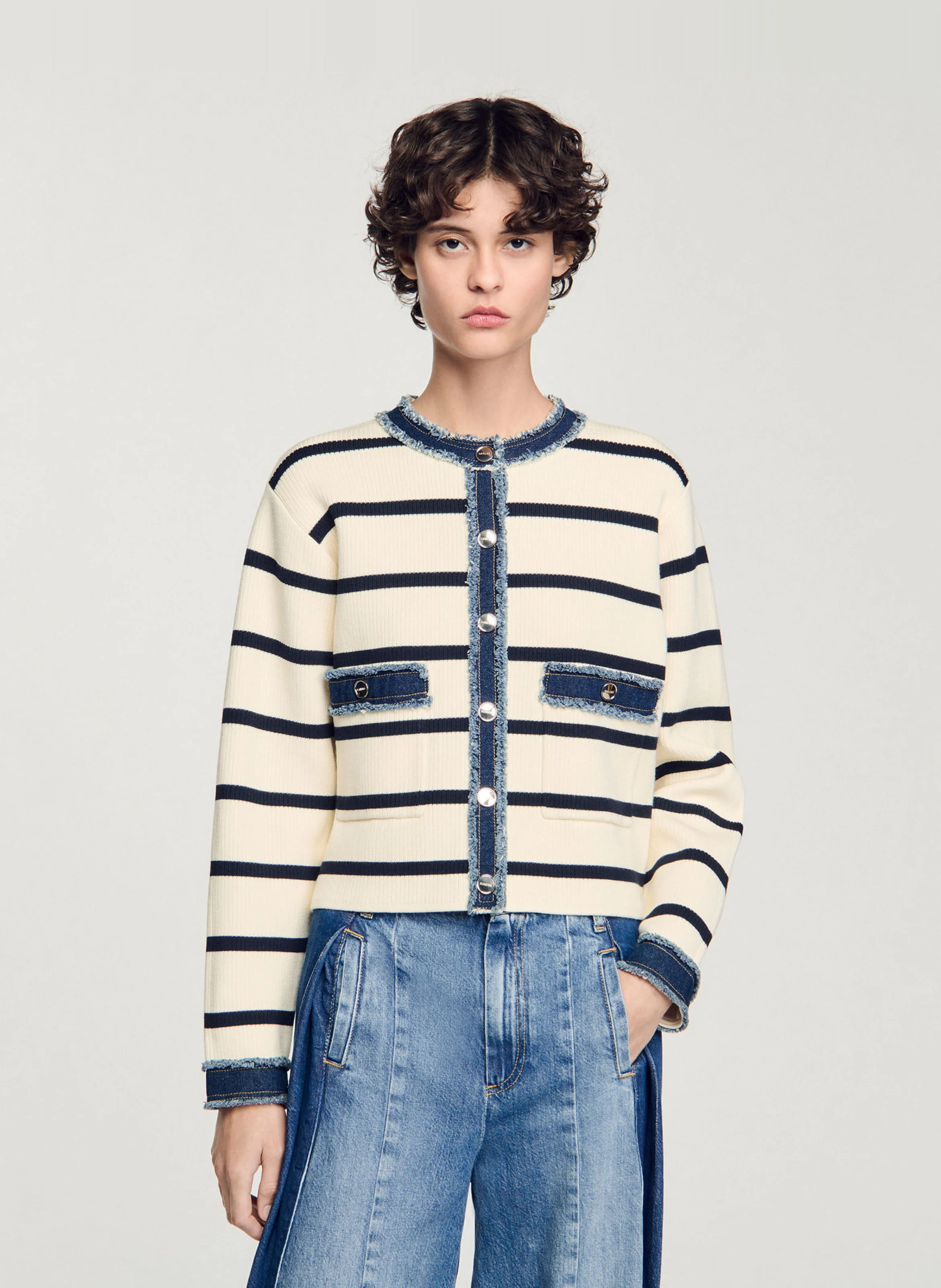 Cardigan rayé à détails denim | Blanc