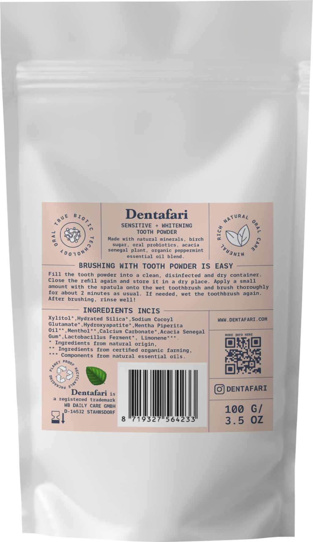 Dentafari  Sensitive & Whitening Tooth Powder Soothing Mint, 100 g