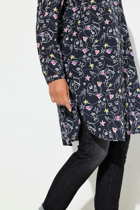 Longbluse, Scribble-Herz Muster, A-Linie, Langarm