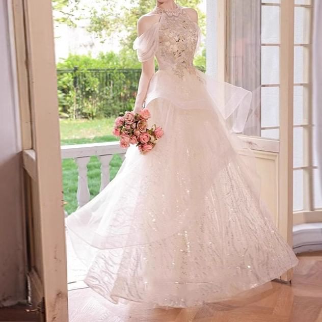 DreesHouse - Halter Cold-Shoulder Sequin Tule A-lijn Avondjurk
