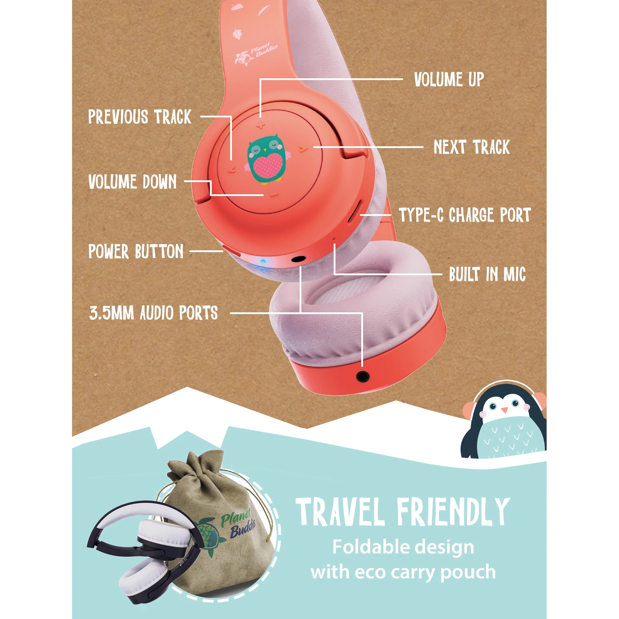 Kinder Kopfhörer Wireless On-Ear 85dB mit Begrenzter Lautstärke (PBPGHPW) - Pepper the Penguin