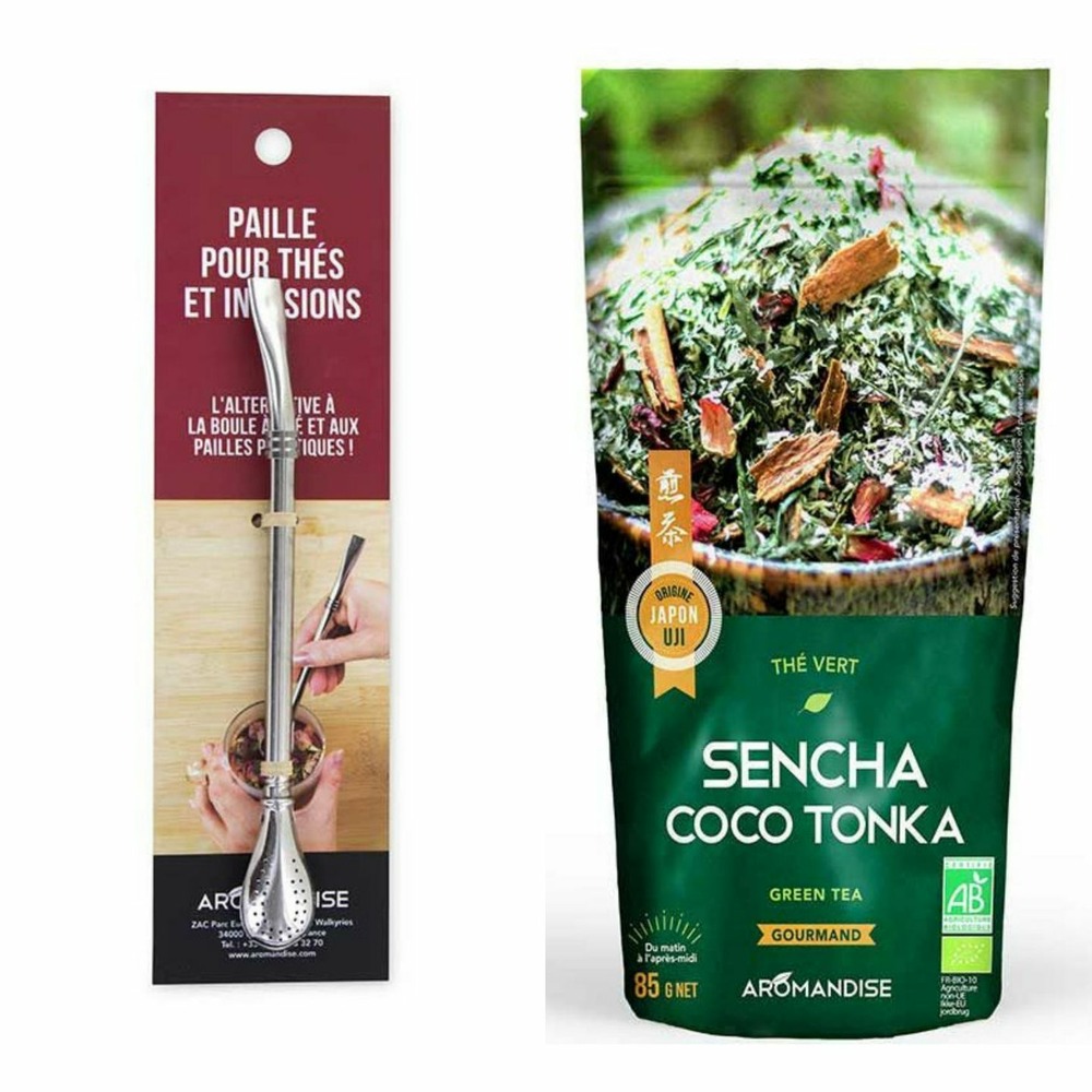 Thé vert bio japonais sencha coco tonka 85 g + paille en inox avec filtre intégré