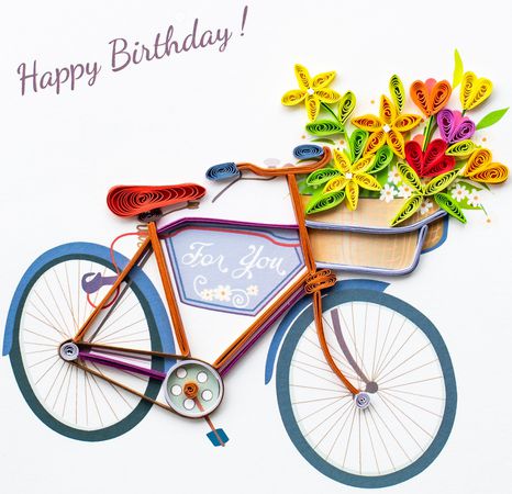 Paper Quilling Karte Fahrrad Happy Birthday  violett