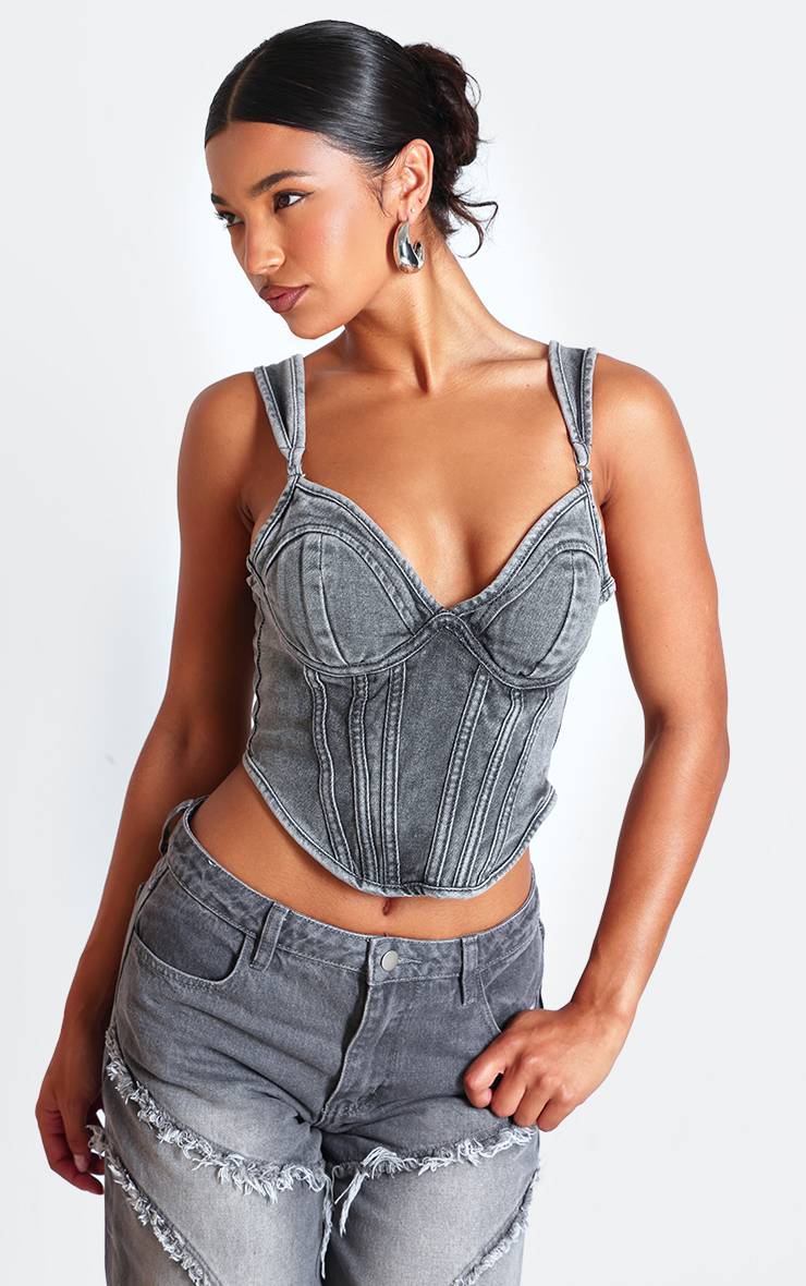 Washed Grey Corset En Denim À Ourlet Asymétrique Et Bonnets Bustier