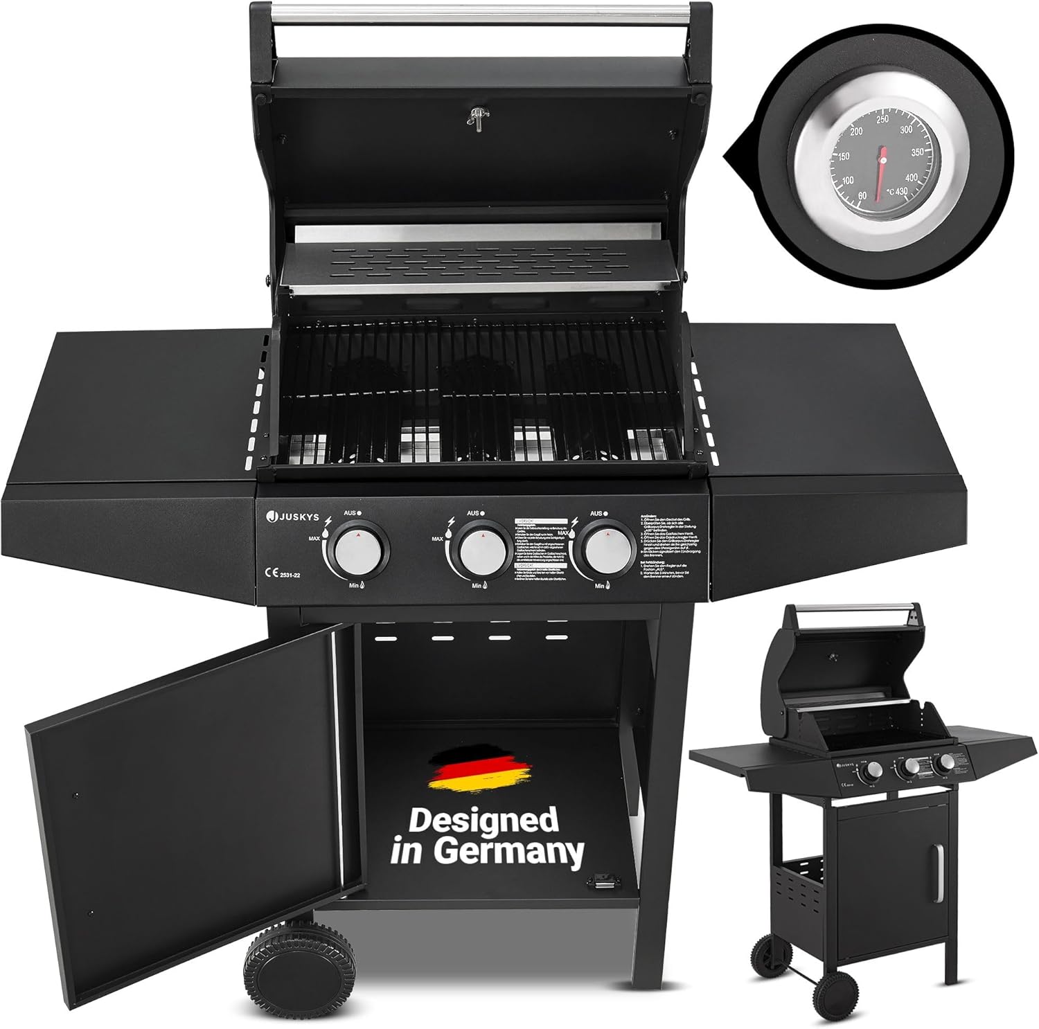 Juskys Gasgrill Louisiana 3 Brenner 8,1 kW – BBQ Grillwagen mit Deckel, Grillrost & Warmhalterost, Grill mit Thermometer, Seitenablagen & Abdeckplane