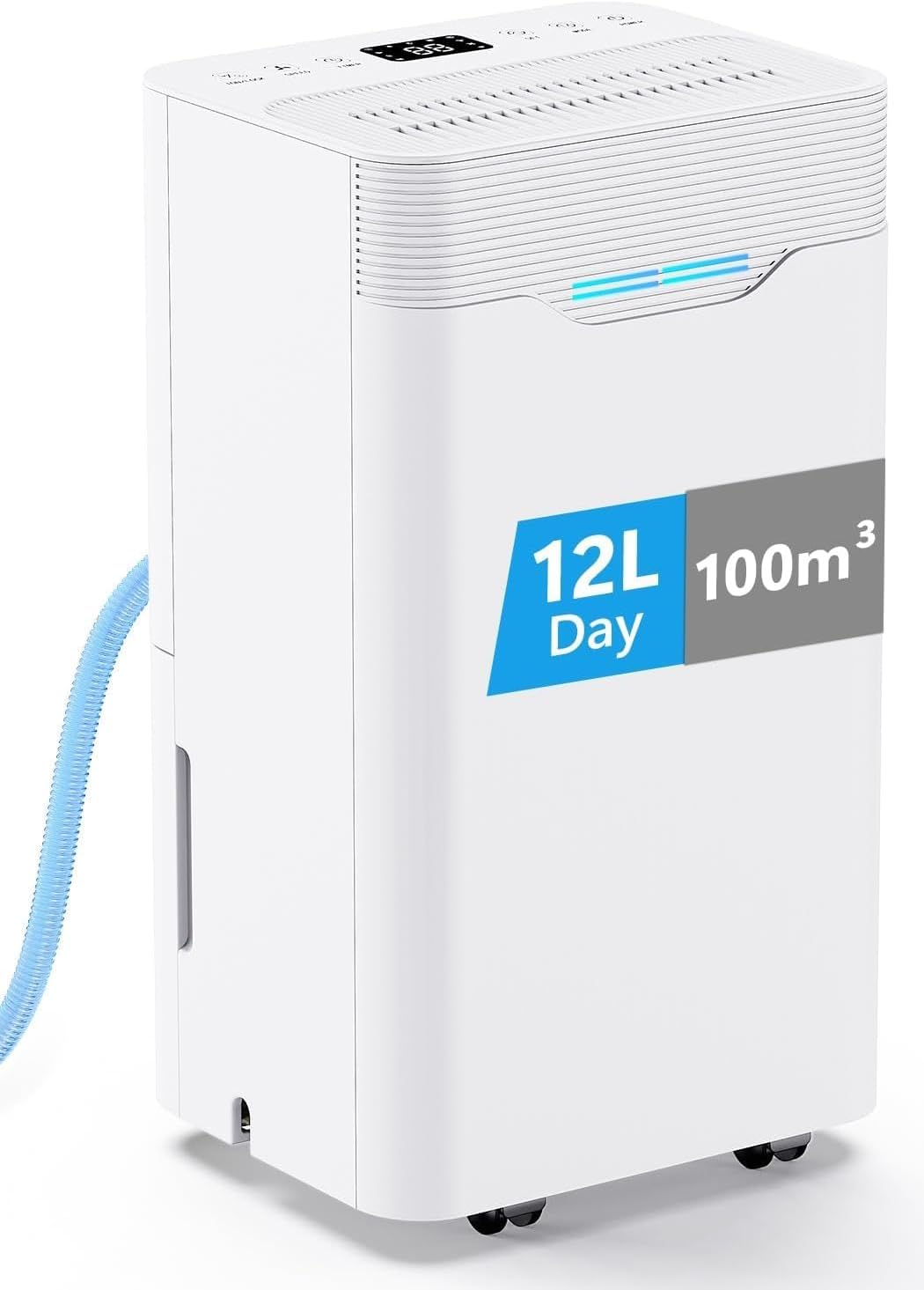Luftentfeuchter Elektrisch 12L/Tag mit 24H Timer, 3Modus, Automatischer Abschaltung, Luftentfeuchter Mit Ablaufschlauch für Räume bis zu 100m³, für Wohnung, Keller, Wohnzimmer, Weiß