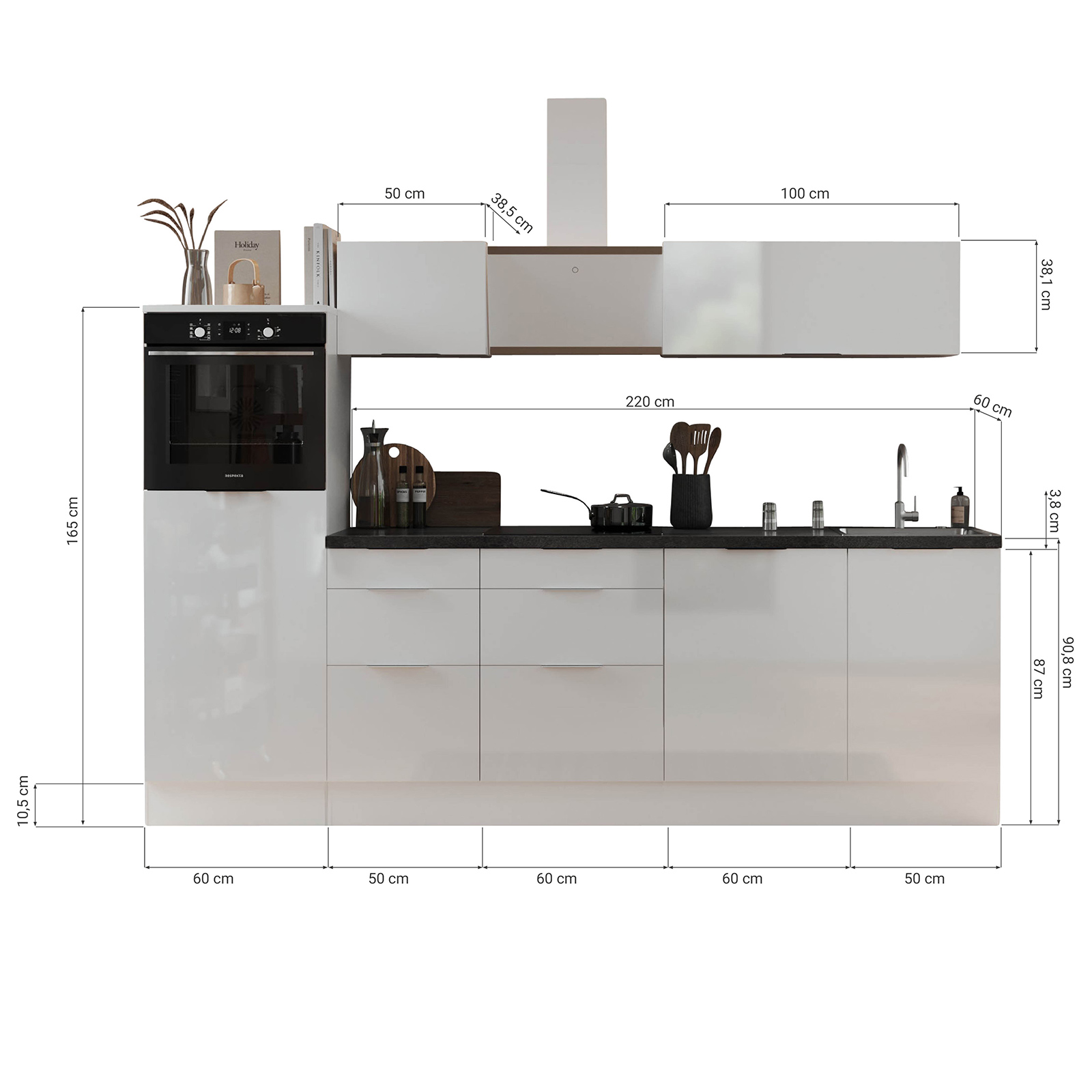 RESPEKTA Küchenblock - Artisan Eiche - grau matt - mit E-Geräten - 280 cm