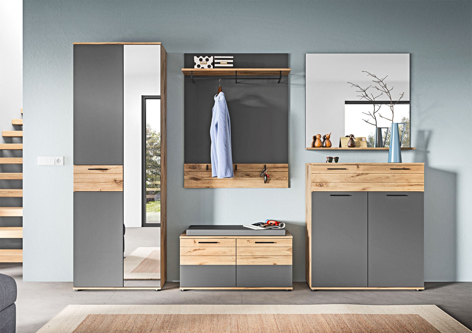 Sitzbank Mason, Basalt grau Nox Oak braun 90x45x37 cm