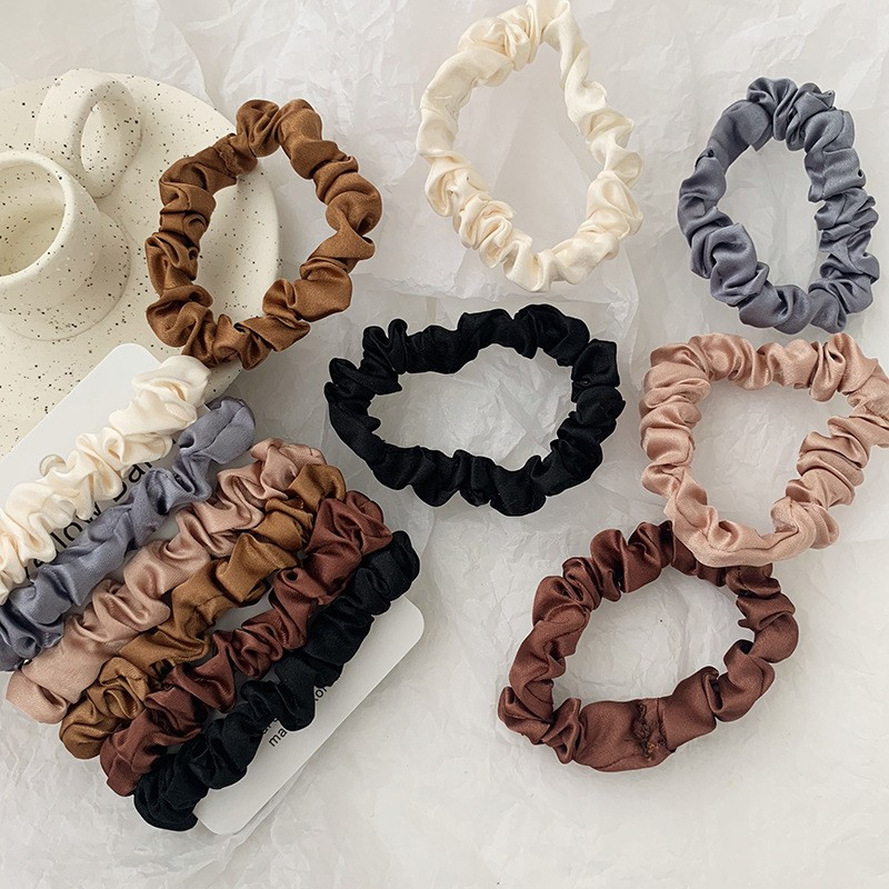 (6er Set) Ø5cm Satin Scrunchies Elastische Haargummis Haarschmuck Haarband - Braun / Schwarz / Grau / Weiss