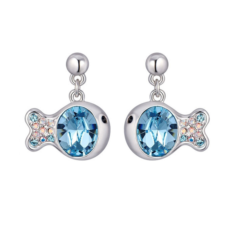 Boucles d'oreilles Poisson orné de cristaux de Swarovski Bleu et Plaqué Rhodium