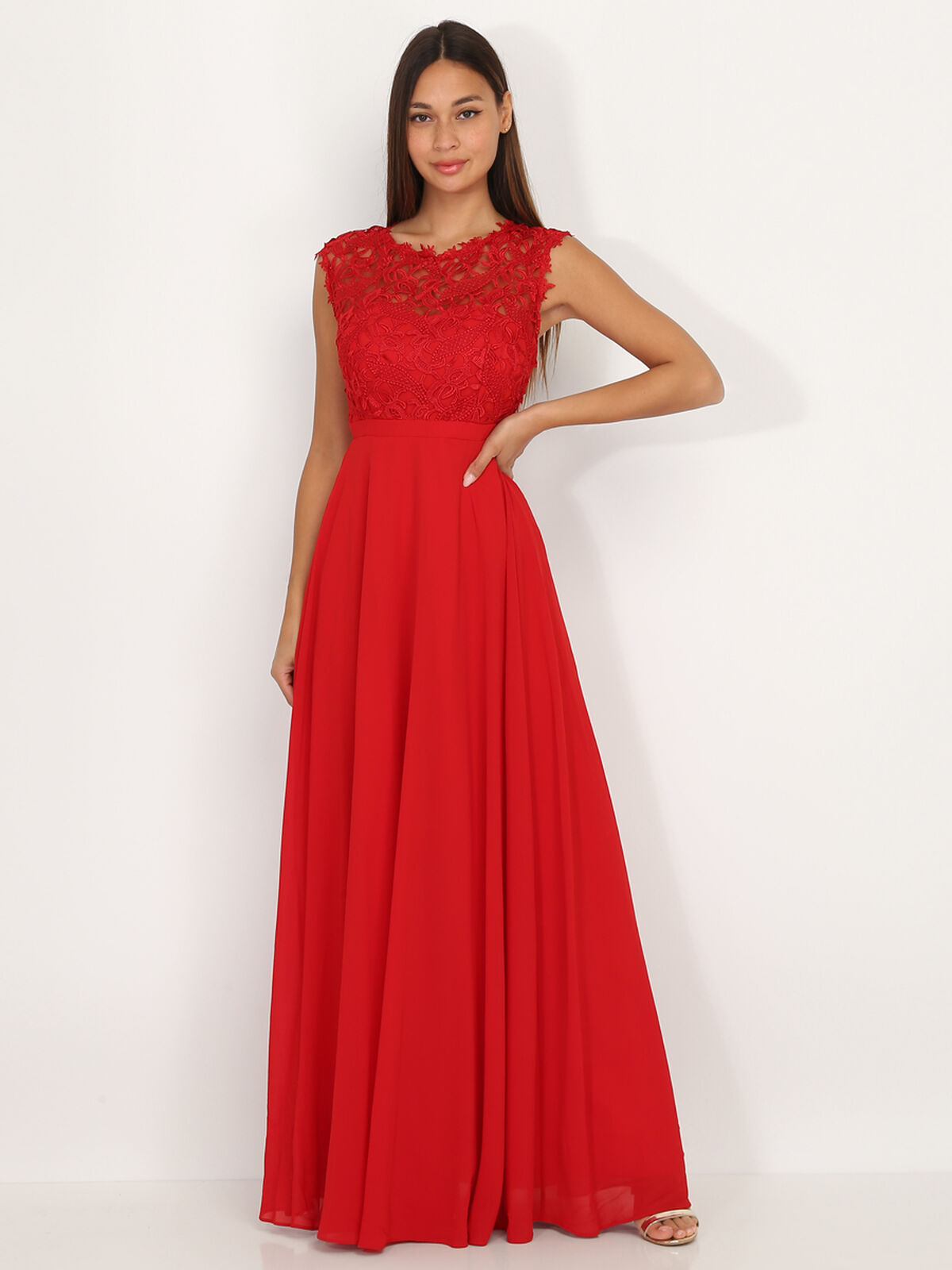 Robe longue à dentelle- Rouge