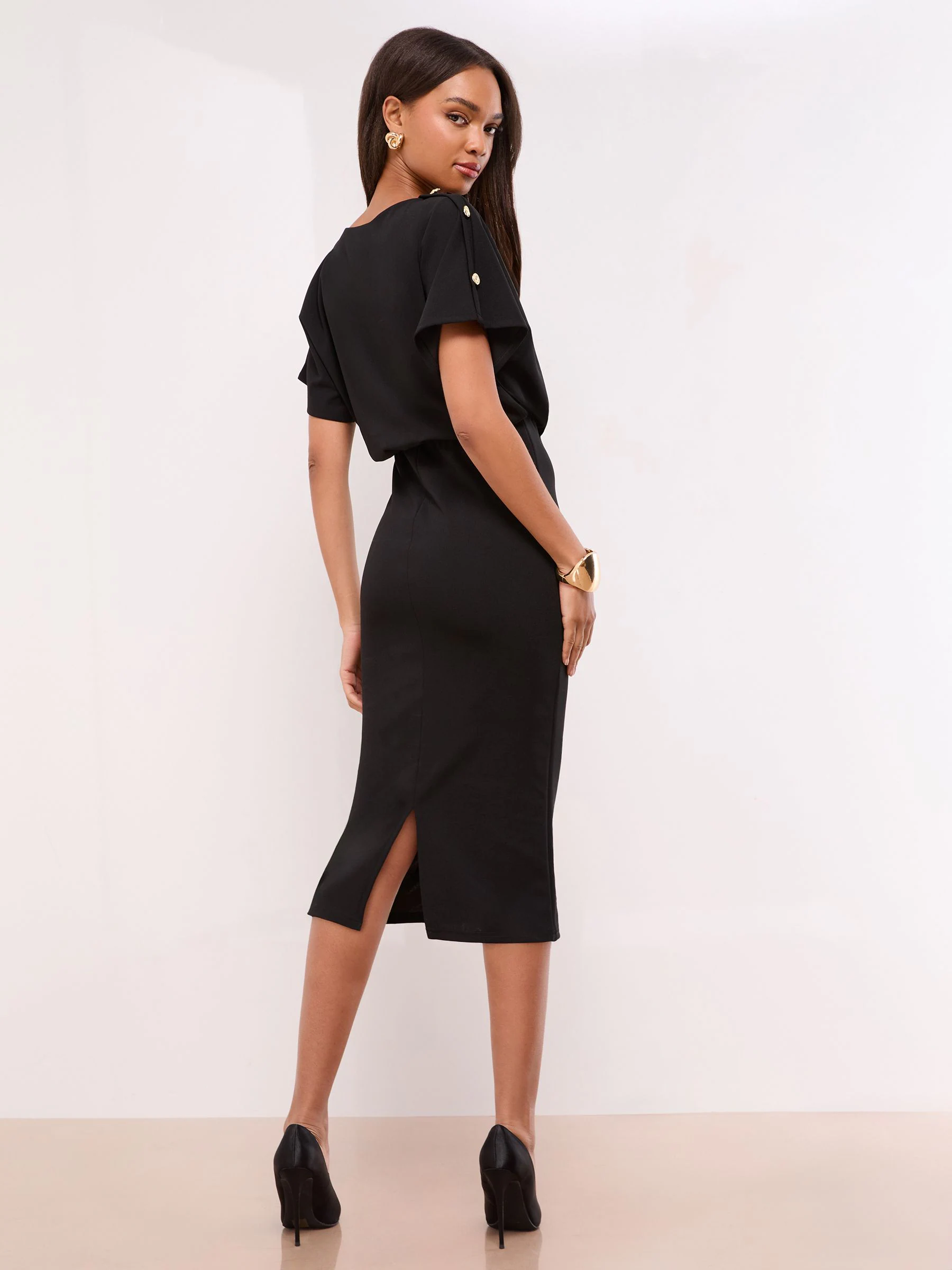 Zwart - Lipsy Short Sleeve Button Detail Blouson Bodycon Midi Dress