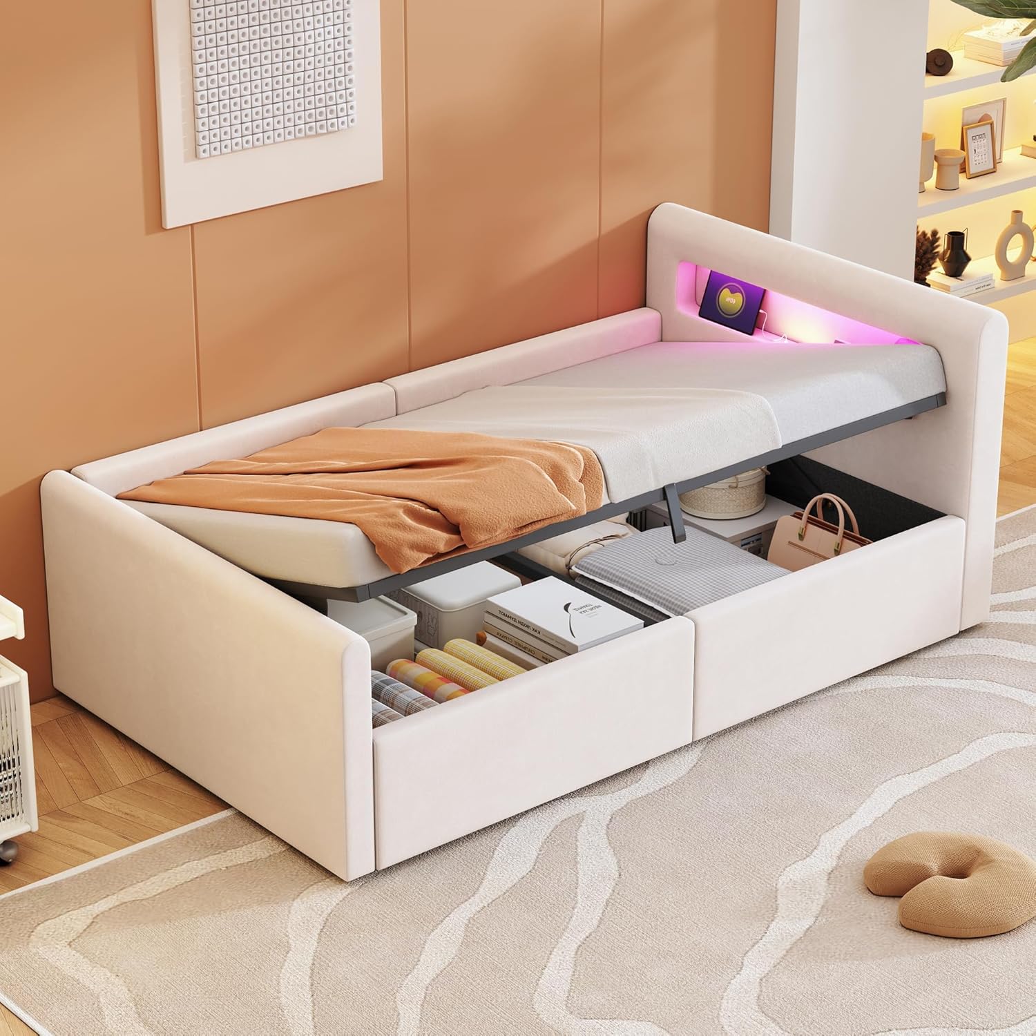 okwish Polsterbett Kinderbett 90x200 cm, Jugendbett mit hydraulischem Stauraum, LED Nachtlicht & USB-Anschluss, Samtstoff, Beige, ohne Matratze