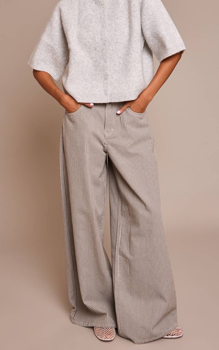 Kaki Jean En Denim Taille Haute À Fines Rayures