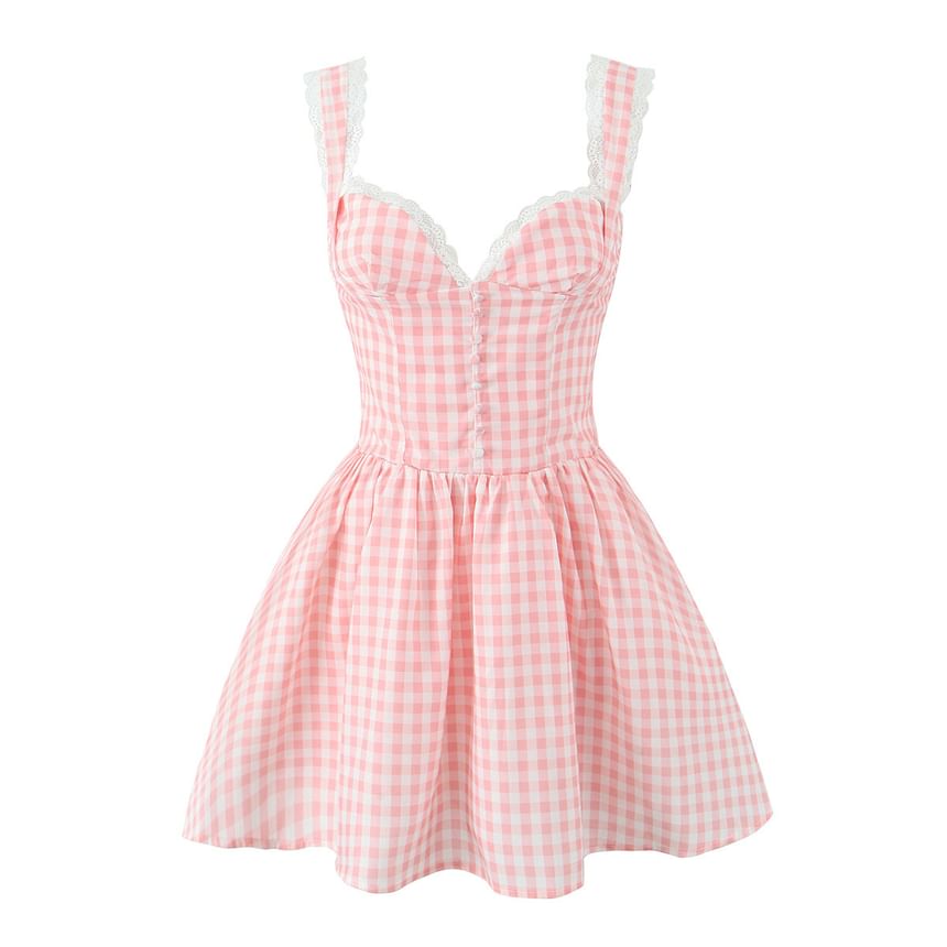 Cumulys - Mouwloze Sweetheart Neck Gingham Ruffle Mini A-lijn Jurk