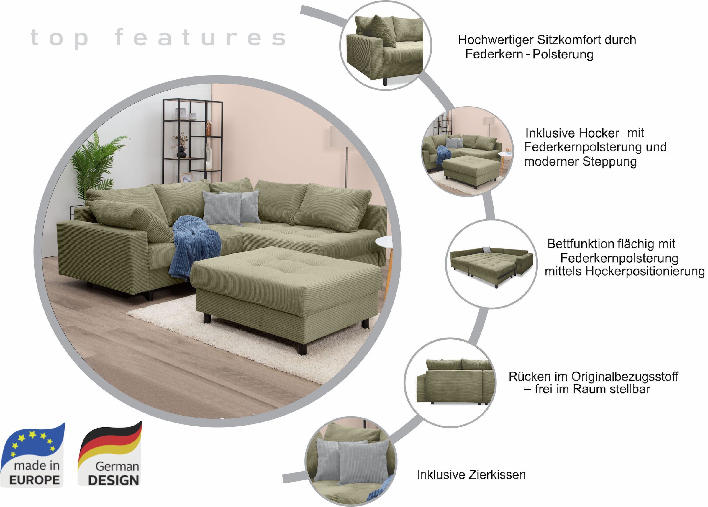 COLLECTION AB Ecksofa »Toni L-Form, B: 215 cm« mit Hocker & 2 Zierkissen, Federkern
