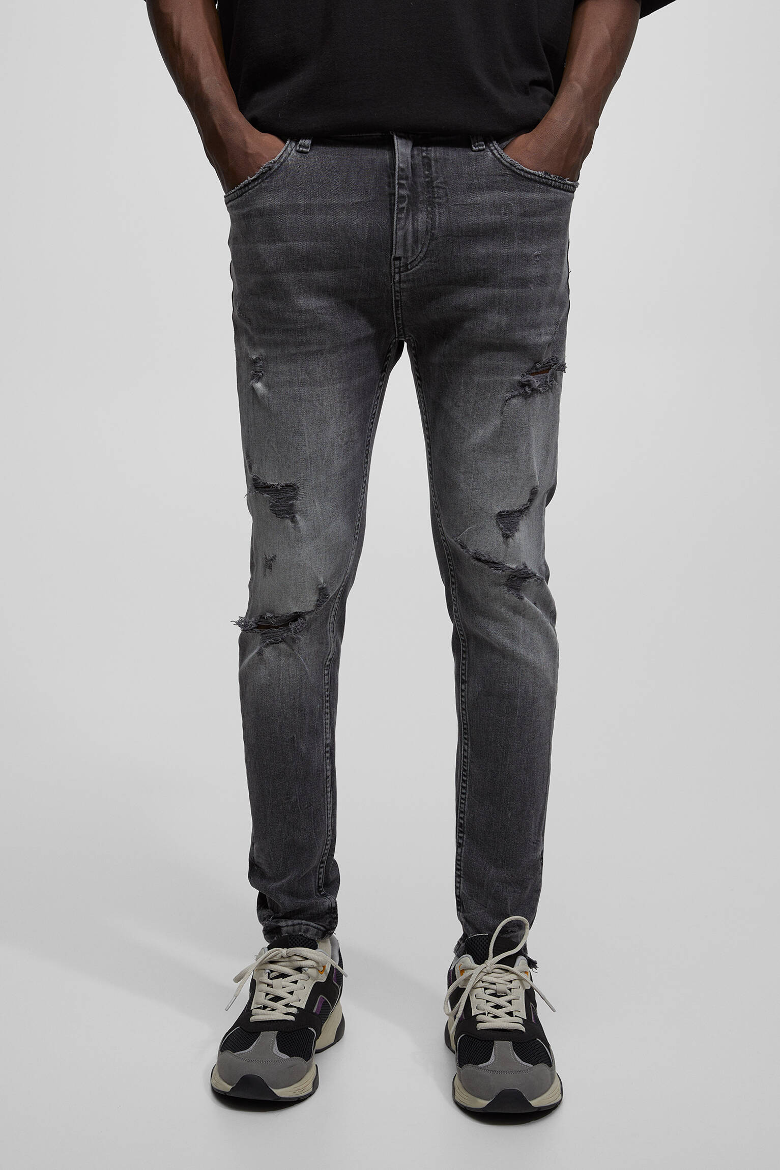 CALÇA JEANS CENOURA RASGADA - CINZA ESCURO