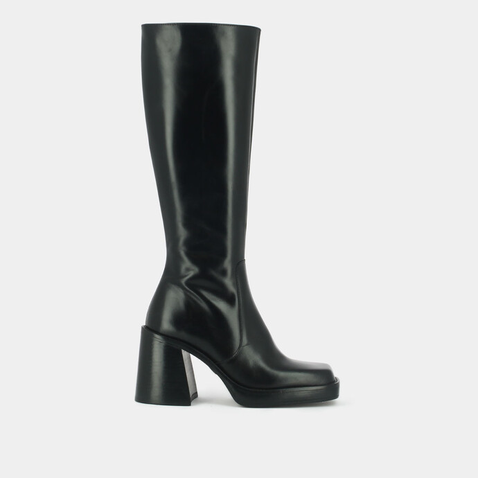 Bottes hautes à talons épais et bouts carrés  en cuir noir