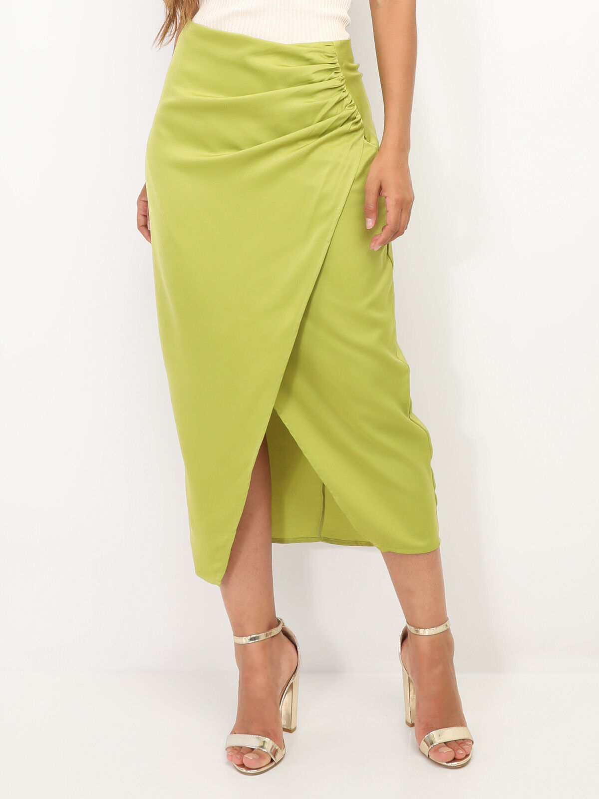 Jupe portefeuille à fronces- Vert olive