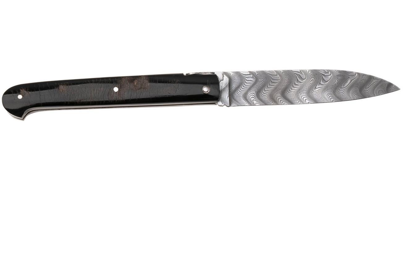 Laguiole en Aubrac Sauveterre Buffalo Crust, Handcarved Plates, Balbach Damascus, zakmes, 11 cm