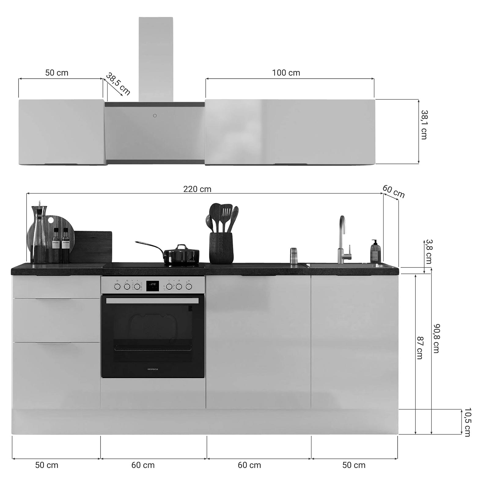 RESPEKTA Küchenblock - weiß Hochglanz - weiß matt - mit E-Geräten - 220 cm