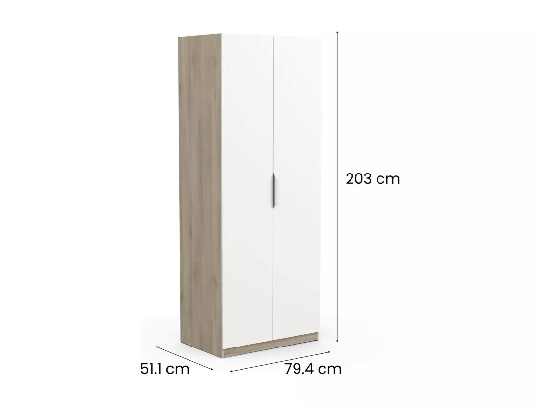 Garde-robe 2 portes Djakobsso, Meubles de chambre, Penderie de plain-pied, Placard à vêtements, 79x51 h203 cm, Chêne clair et Blanc mat
