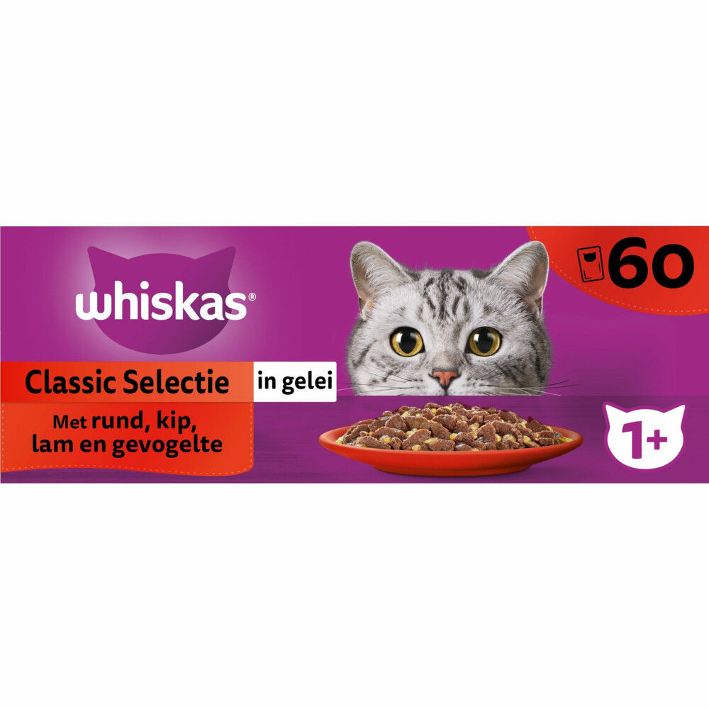 Whiskas 1+ Classic Kattenvoer Natvoer Selectie in Gelei60 x 85 gr