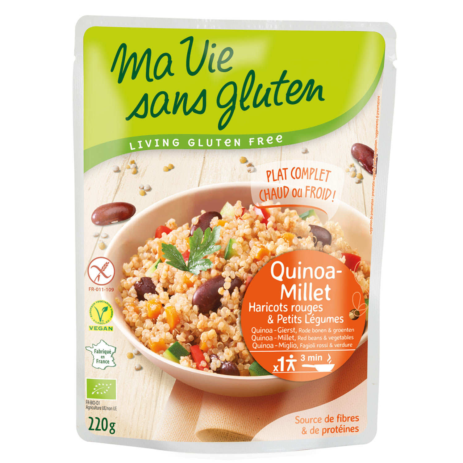 Céréales cuisinées quinoa-millet, haricots rouges, légumes bio et sans gluten