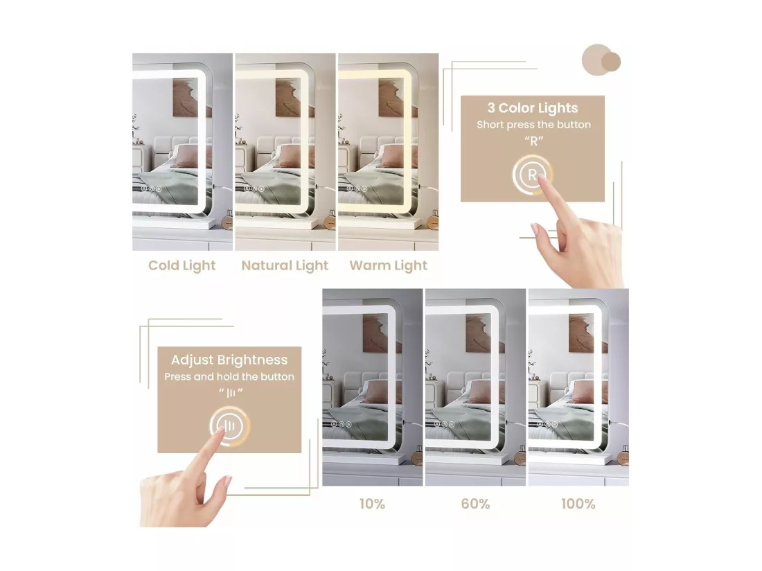 Miroir Maquillage Lumineux 40x50cm,Miroir Coiffeuse Hollywood Lumineux 3 Modes Luminosité Réglable,Miroir de Table et de Mur,Blanc