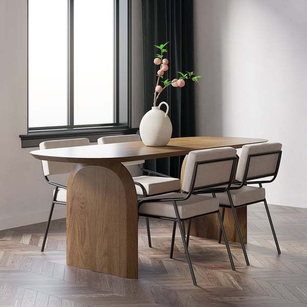 Mesa de jantar com tampo e pedestal em madeira maciça para 6 pessoas.