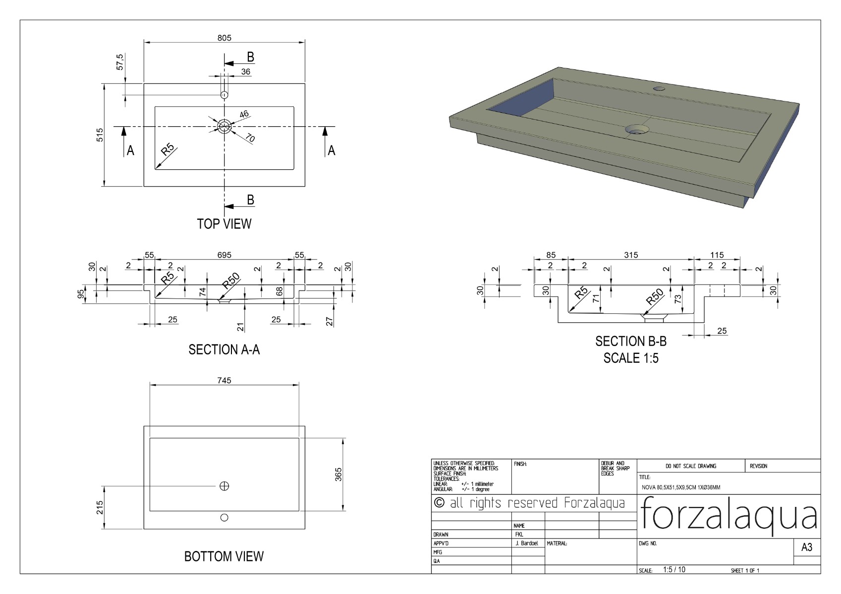 Forzalaqua Nova wastafel 80x50cm met kraangat carrara gekapt
