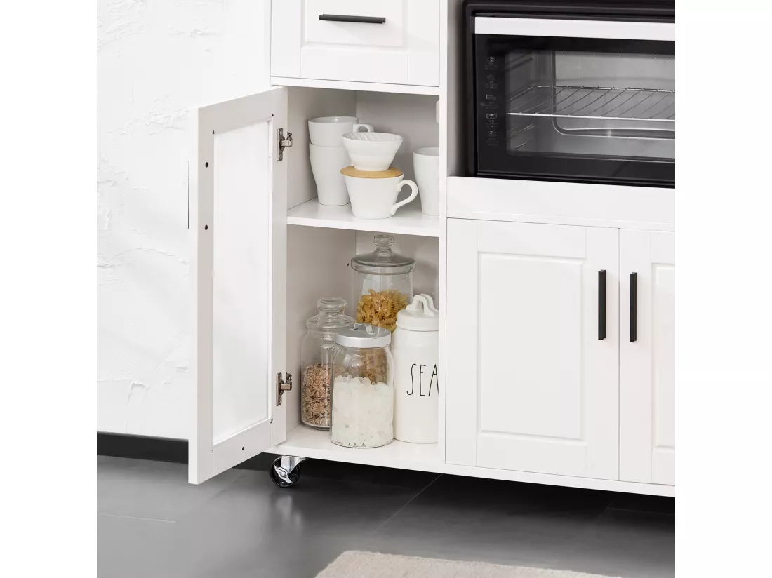 SoBuy FSB78-W Meuble Micro-Ondes Buffet Commode sur roulettes Armoire de Cuisine Multi-Rangement avec 3 Portes, 1 Tiroir, 1 Compartiment