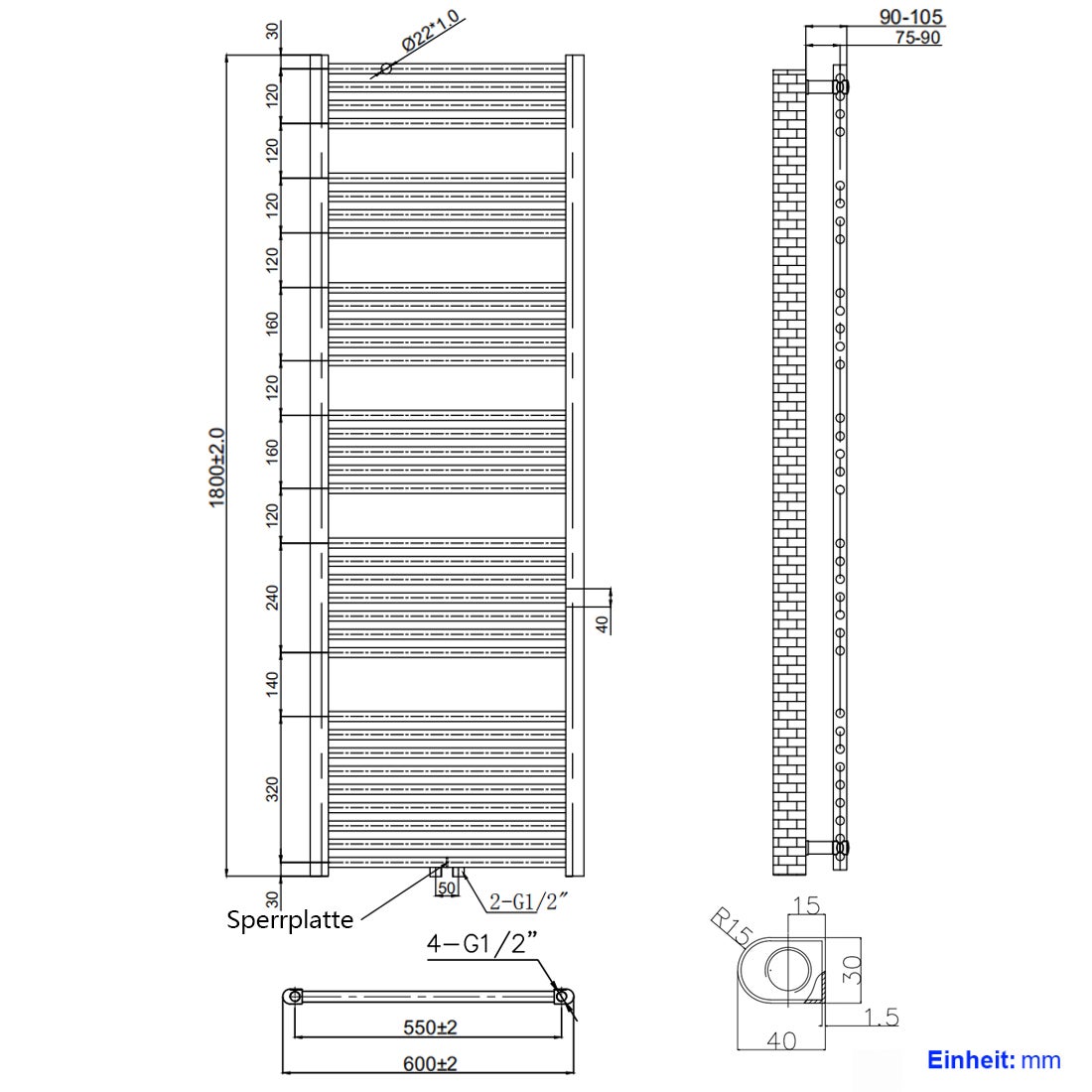EMKE Badkamerradiator Handdoekdroger Handdoekverwarmer 60x180cm, 898 Watt Antraciet Badkamerradiator Middenaansluiting