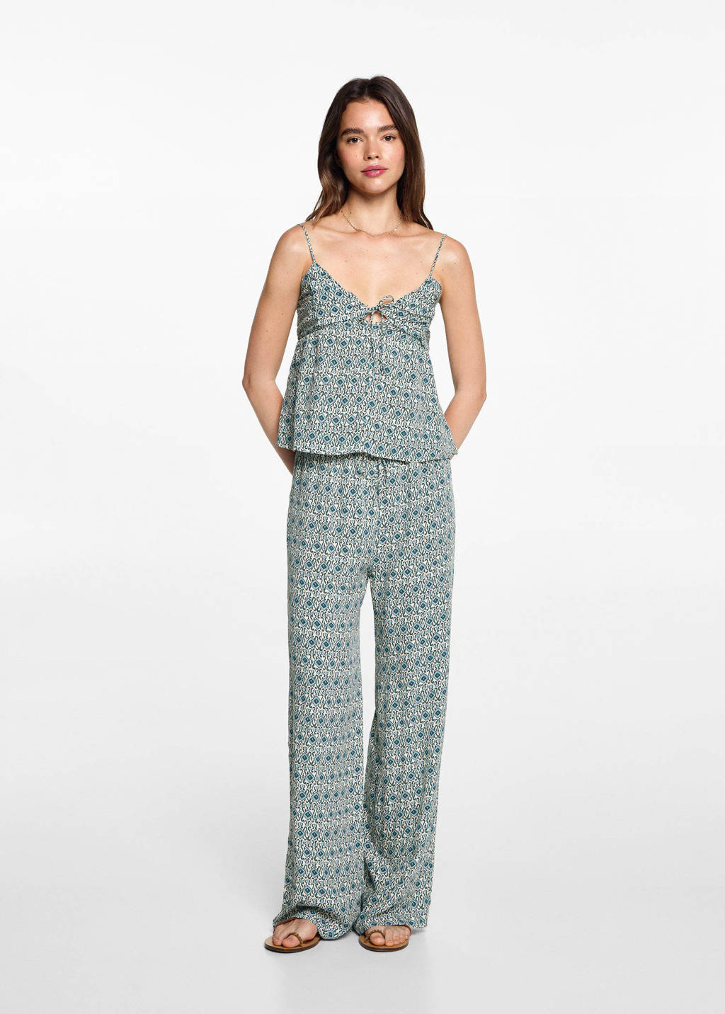 MANGO TEEN spaghettitop met all over print blauw/lichtbeige
