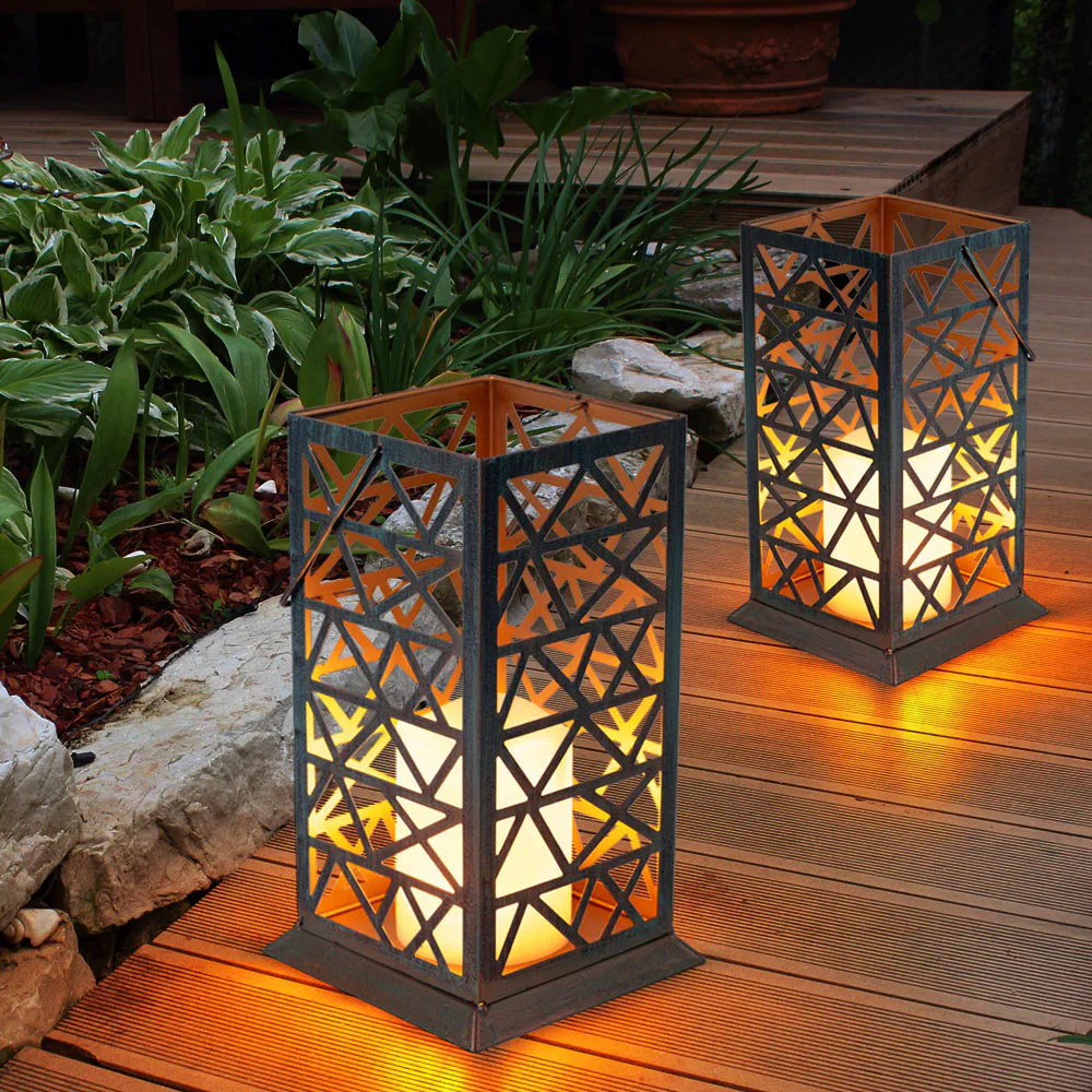 2x LED Feuereffekt Solarleuchte, rost-grün, Höhe 27 cm