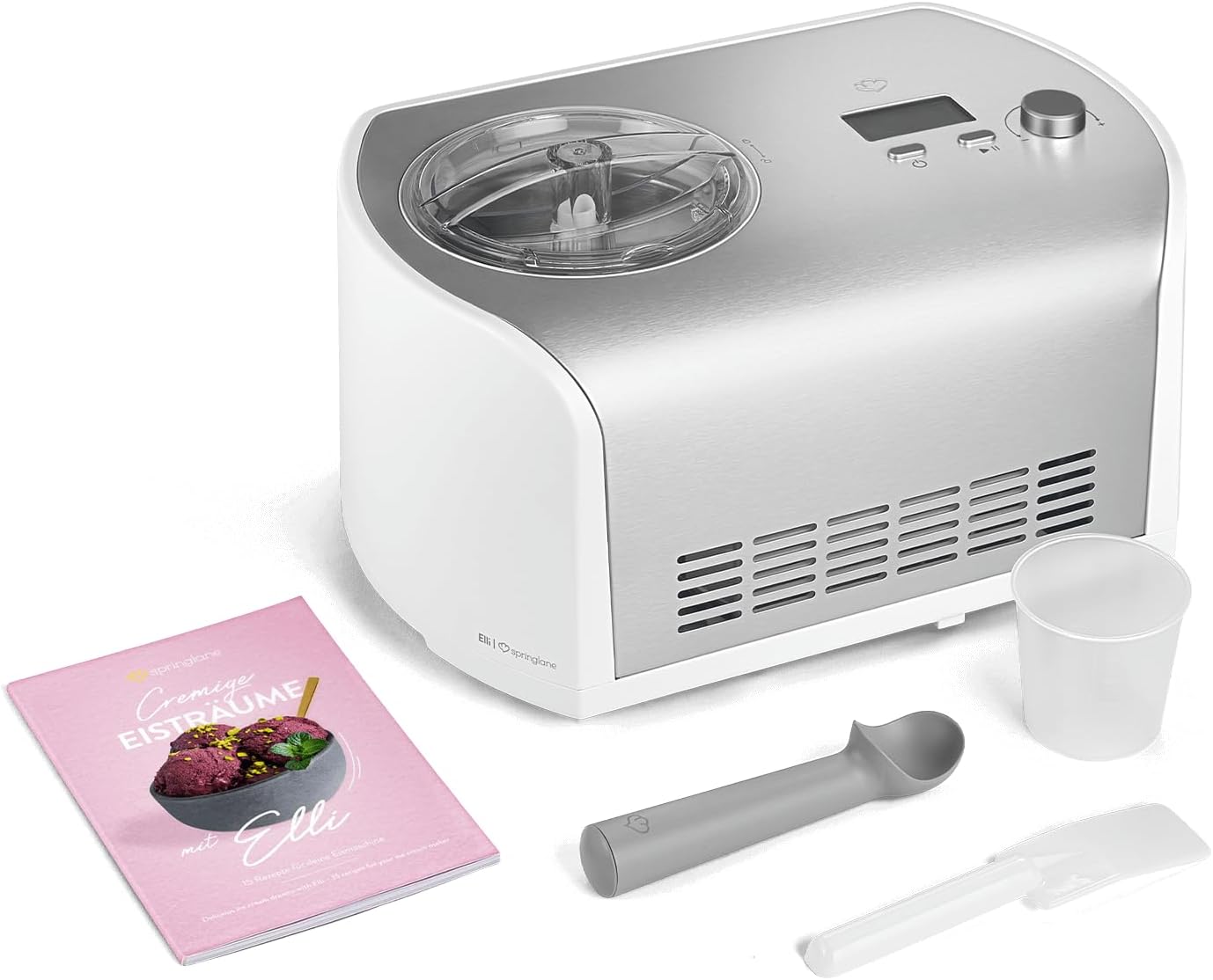 SPRINGLANE Eismaschine Elli 1,2 L mit selbstkühlendem Kompressor 135 W, Eiscrememaschine aus Edelstahl mit entnehmbarem Eisbehälter, inkl. Rezeptheft