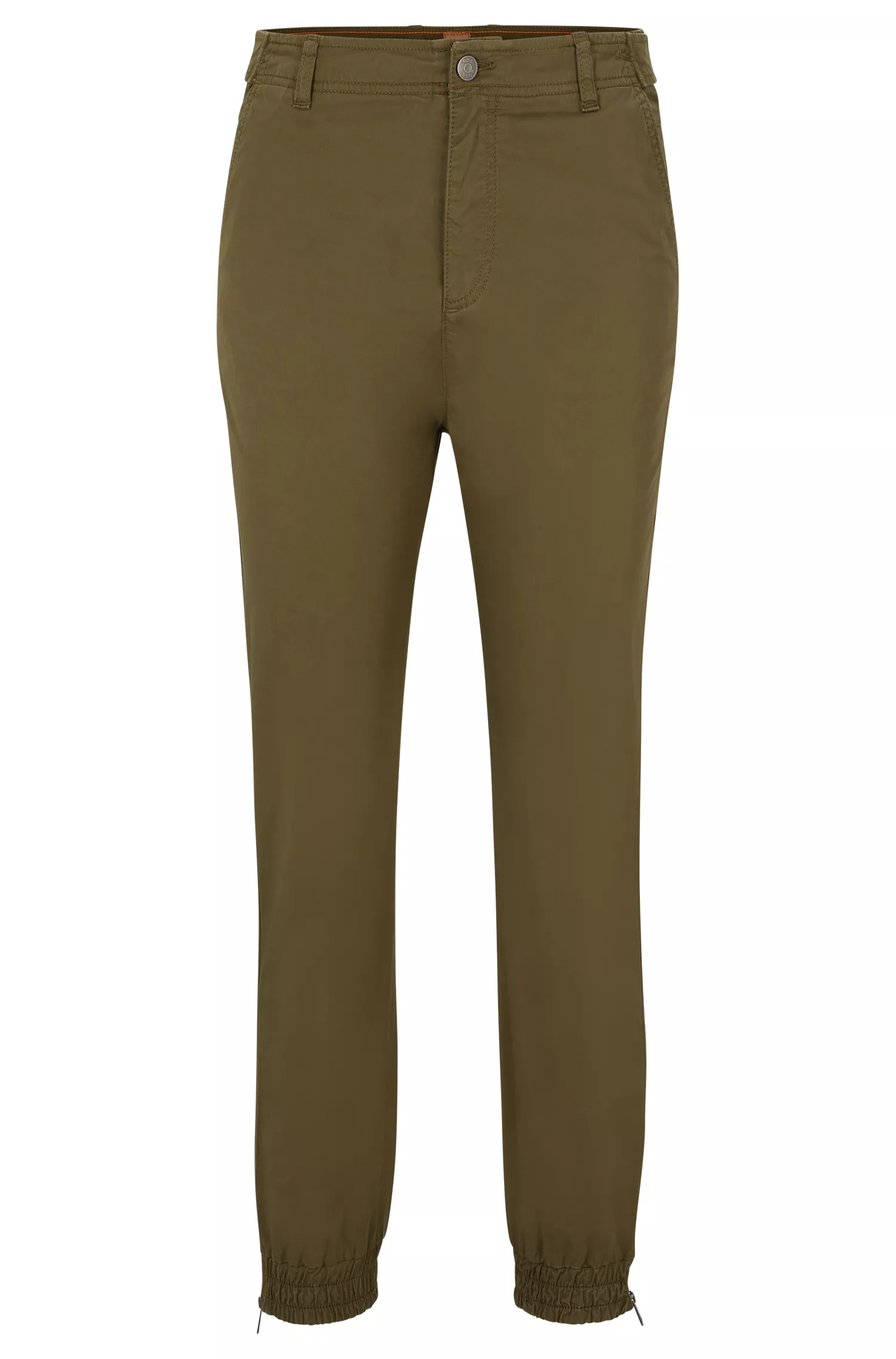 Calça chino BOSS preta, corte regular, em algodão orgânico elástico.