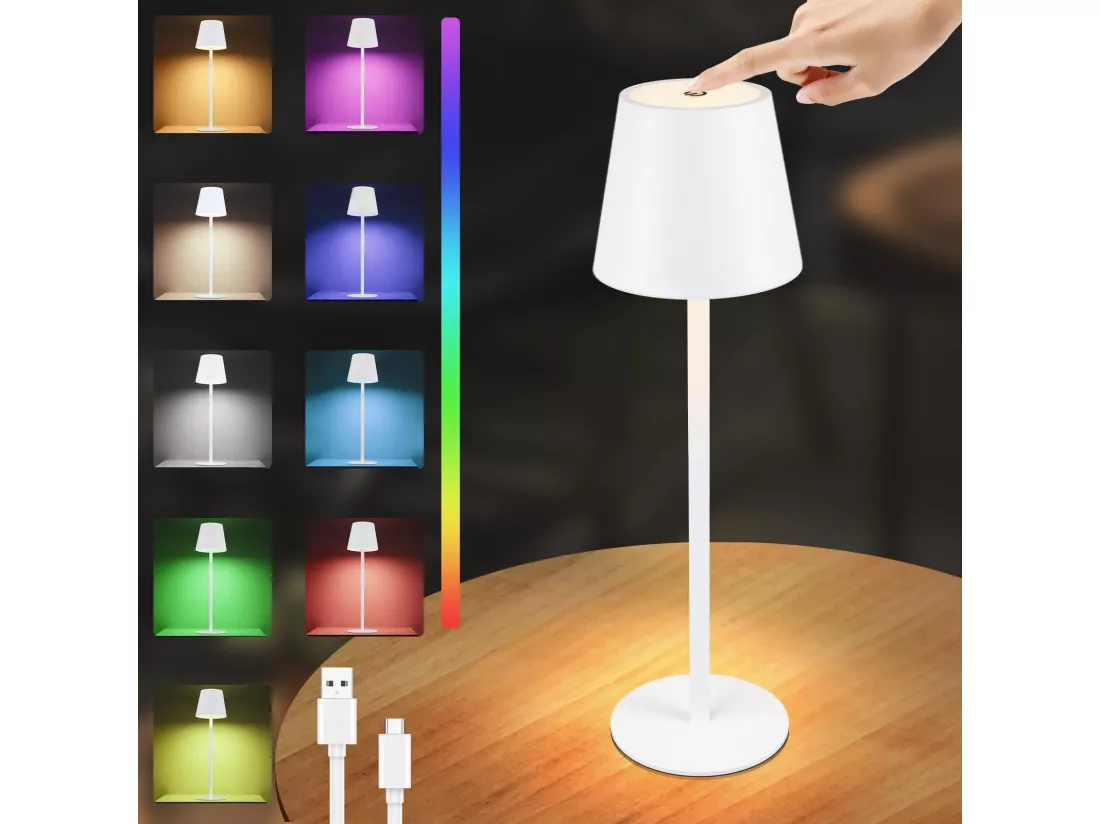 NETTLIFE Lampe de Chevet à Batterie sans Fil - LED RGB 2600mhA Lampe de Table d'extérieur Rechargeable Tactile Dimmable Blanc Lampe à Batterie USB