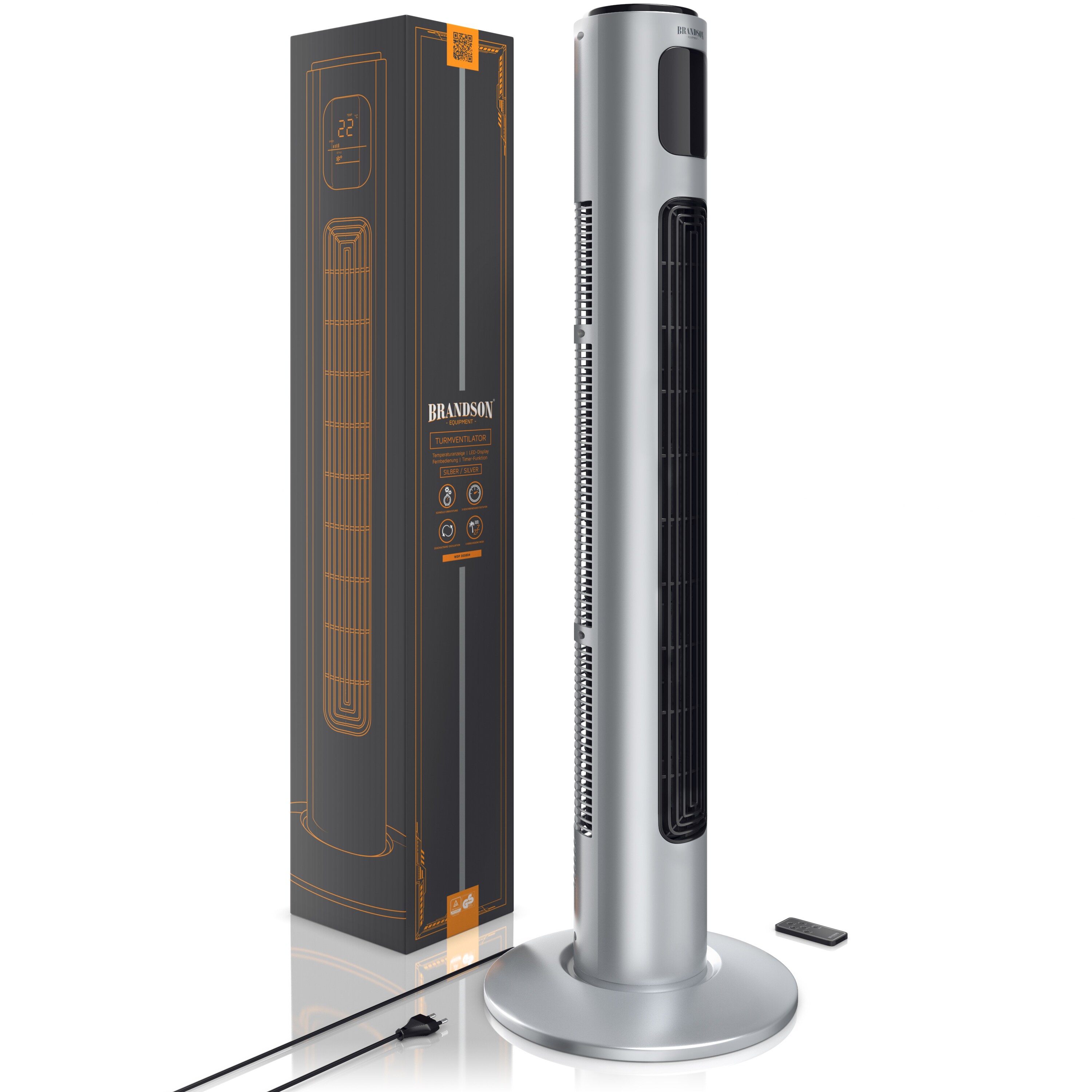Brandson 96 cm Turmventilator mit Fernbedienung, 3 Geschwindigkeiten, mobiler Lüfter leise, Standventilator mit Oszilation, Ventilator mit GS