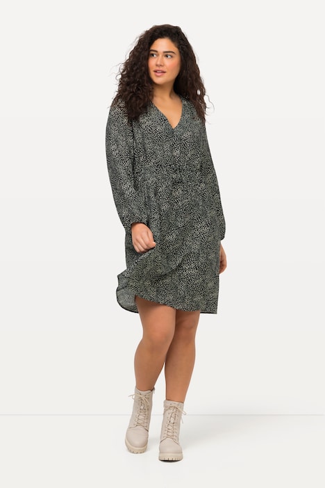 Midikleid, Punkte, A-Linie, V-Ausschnitt, Ballon-Langarm