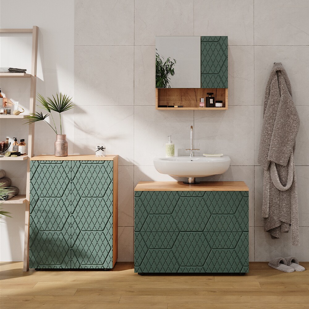 Vicco Badmöbel-Set Irma Eiche Grün 3-teilig Kommode Waschbeckenschrank 80 cm