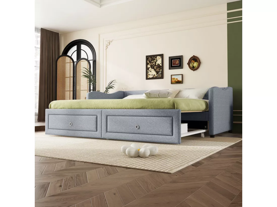 Lit gigogne 90/180 x 200 cm avec 2 tiroirs - tissu en lin - gris (sans matelas)