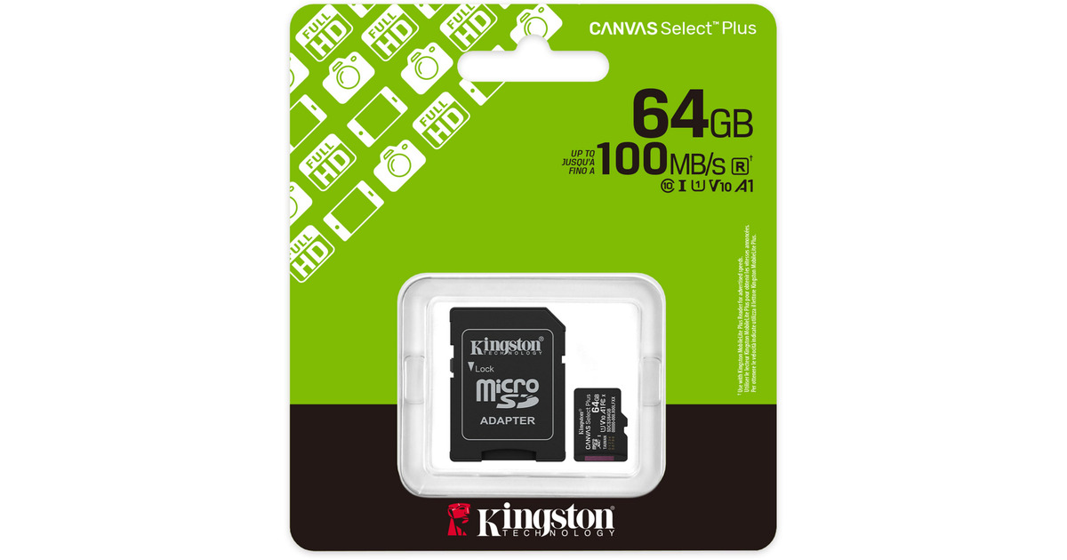 KingstonCanvas Select Plus 64 GB MicroSDXC geheugenkaart  (Zwart, UHS-I U1, Class 10, V10, Incl. SD Adapter)