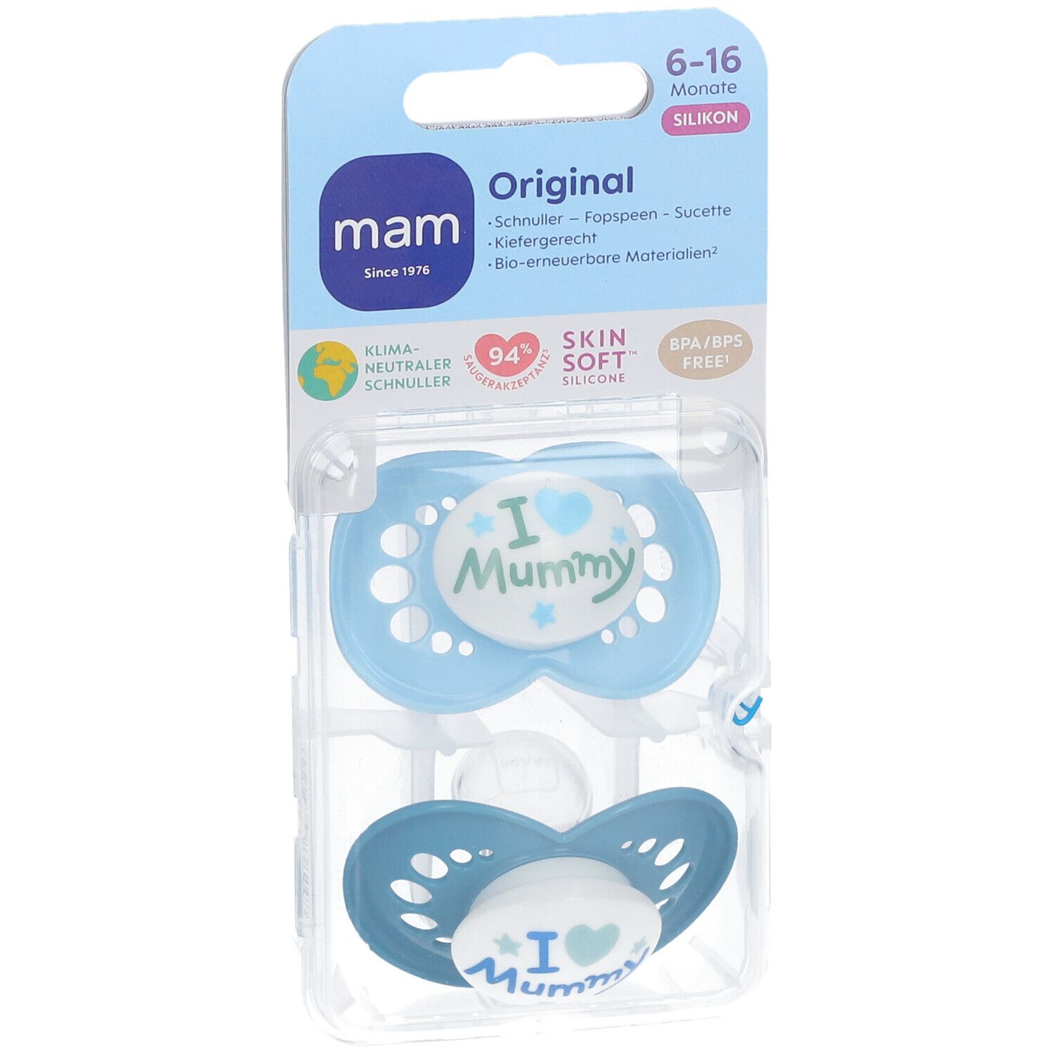 MAM Original Pure Silikonschnuller 6-16 Monate, Mummy blau